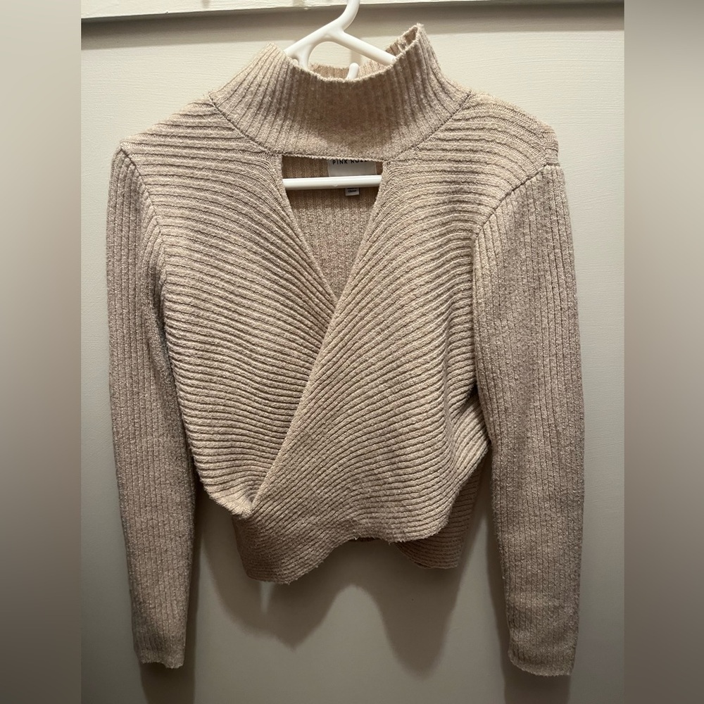 Pink Rose Cream Ribbed Cowl Neck Sweater
